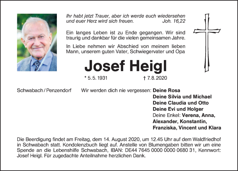  Traueranzeige für Josef Heigl vom 12.08.2020 aus Schwabach