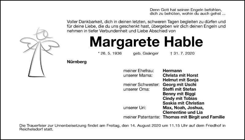  Traueranzeige für Margarete Hable vom 12.08.2020 aus Gesamtausgabe Nürnberger Nachrichten/ Nürnberger Ztg.