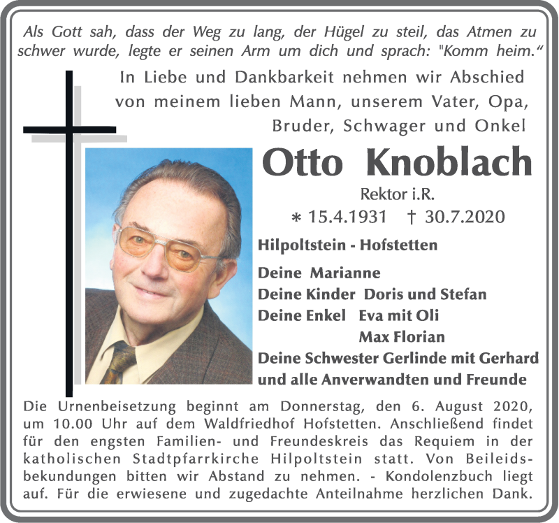  Traueranzeige für Otto Knoblach vom 01.08.2020 aus Roth-Hilpoltsteiner Volkszeitung Lokal