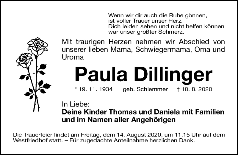 Traueranzeige für Paula Dillinger vom 12.08.2020 aus Gesamtausgabe Nürnberger Nachrichten/ Nürnberger Ztg.