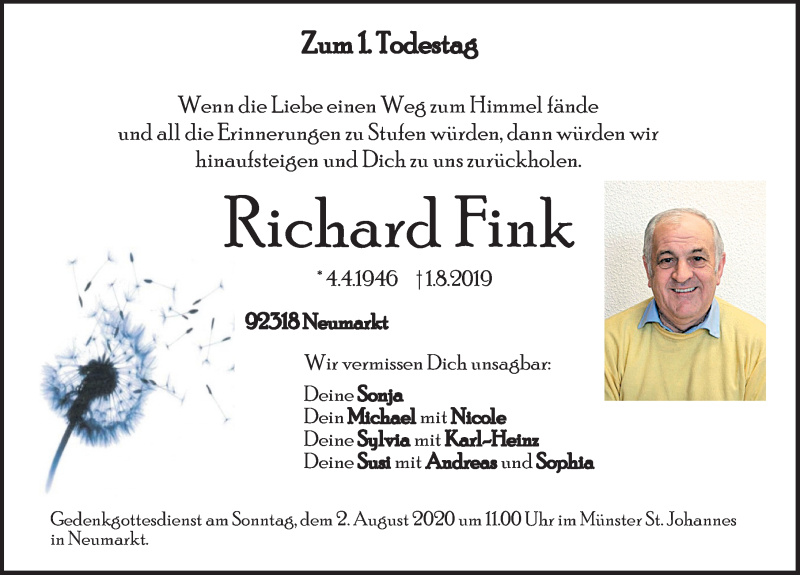  Traueranzeige für Richard Fink vom 01.08.2020 aus Neumarkter Nachrichten Lokal