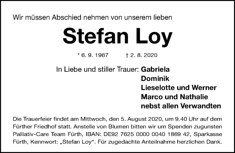  Traueranzeige für Stefan Loy vom 04.08.2020 aus Fürther Nachrichten Lokal