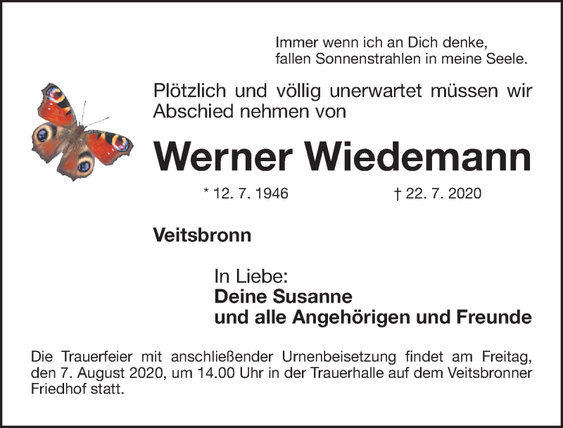  Traueranzeige für Werner Wiedemann vom 04.08.2020 aus Fürther Nachrichten Lokal