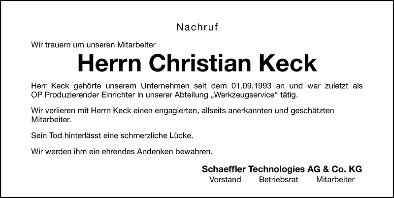  Traueranzeige für Christian Keck vom 21.09.2020 aus Nordbayerische Nachrichten Herzogenaurach Lokal