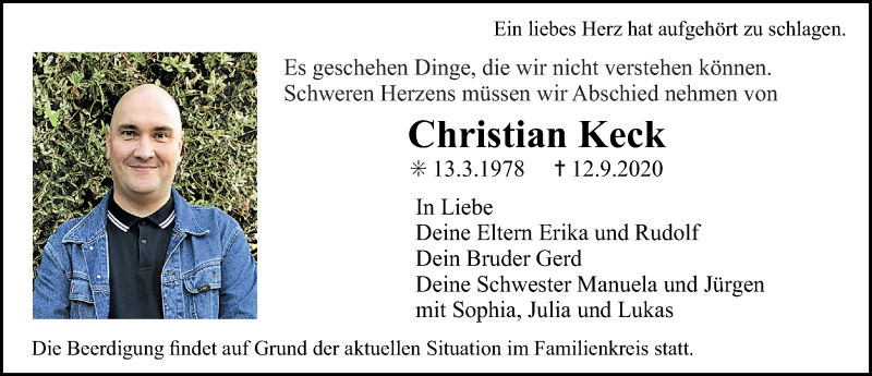  Traueranzeige für Christian Keck vom 16.09.2020 aus Nordbayerische Nachrichten Herzogenaurach Lokal