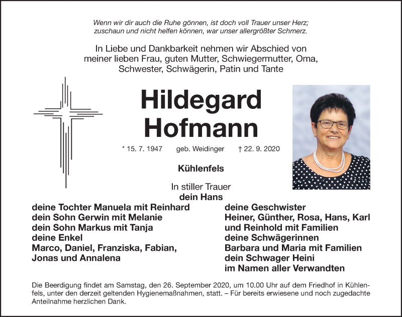  Traueranzeige für Hildegard Hofmann vom 24.09.2020 aus Nordbayerische Nachrichten Pegnitz Lokal