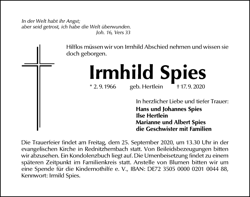  Traueranzeige für Irmhild Spies vom 23.09.2020 aus Schwabach