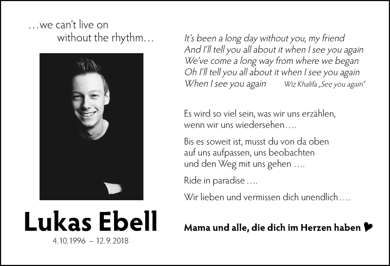  Traueranzeige für Lukas Ebell vom 12.09.2020 aus Schwabach