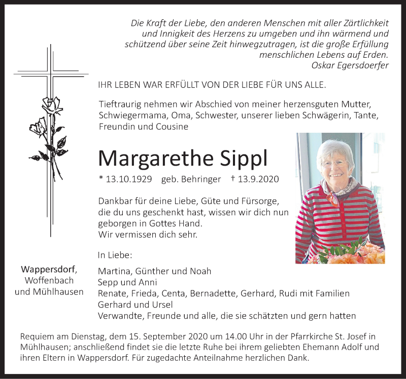  Traueranzeige für Margarethe Sippl vom 14.09.2020 aus Neumarkter Nachrichten Lokal