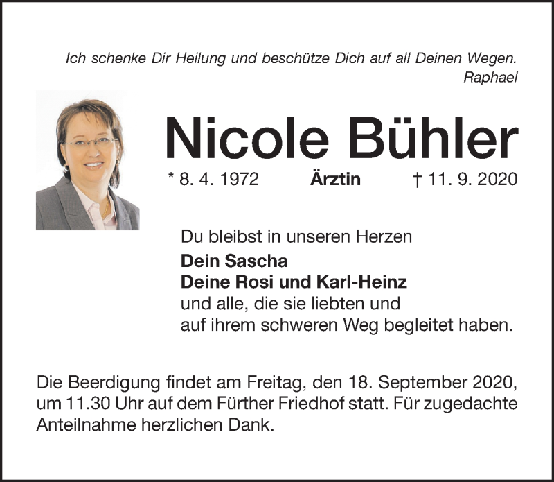  Traueranzeige für Nicole Bühler vom 16.09.2020 aus Gesamtausgabe Nürnberger Nachrichten/ Nürnberger Ztg.
