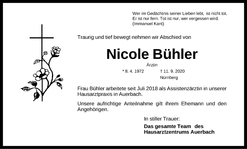  Traueranzeige für Nicole Bühler vom 16.09.2020 aus Gesamtausgabe Nürnberger Nachrichten/ Nürnberger Ztg./ Nordbayer. Nachrichten Pegnitz