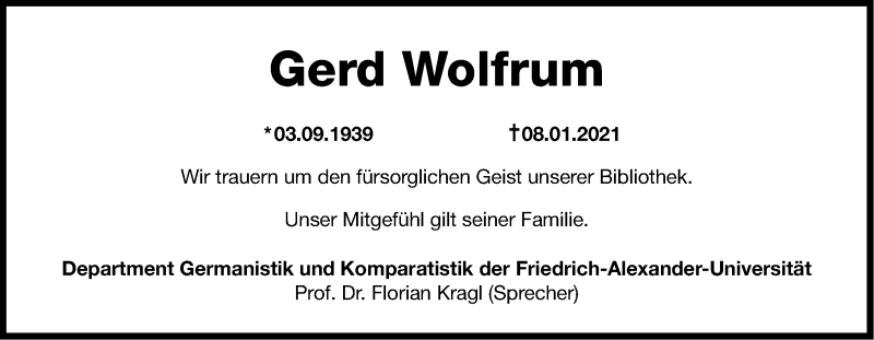  Traueranzeige für Gerd Wolfrum vom 12.01.2021 aus ERLANGER NACHRICHTEN LOKAL