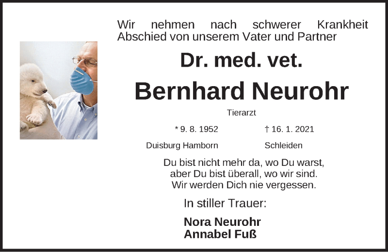  Traueranzeige für Bernhard Neurohr vom 22.01.2021 aus Gesamtausgabe Nürnberger Nachrichten/ Nürnberger Ztg.