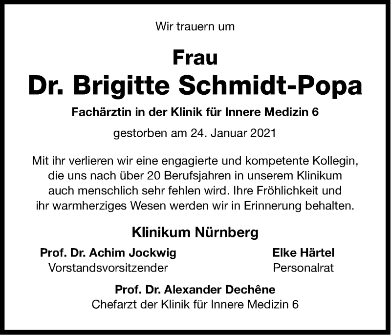 Traueranzeige für Brigitte Schmidt-Popa vom 30.01.2021 aus Gesamtausgabe Nürnberger Nachrichten/ Nürnberger Ztg.