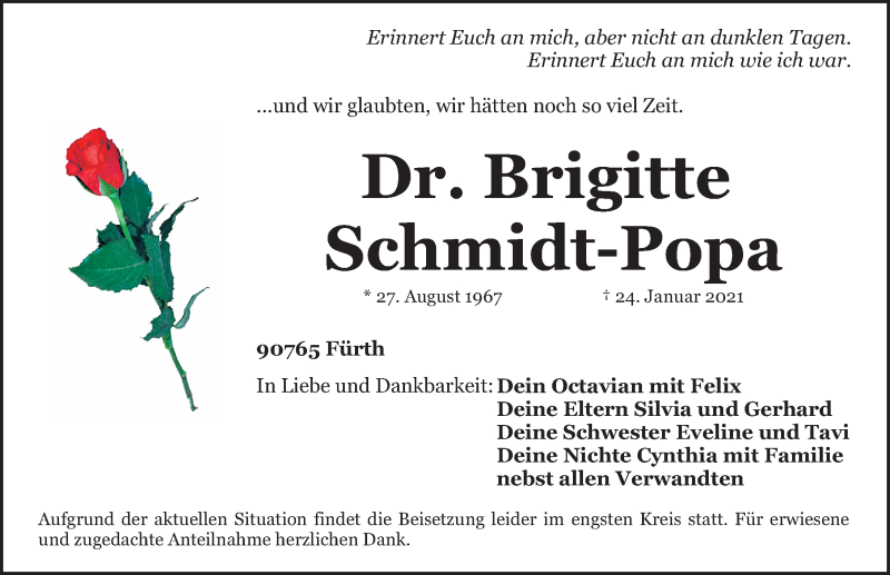  Traueranzeige für Brigitte Schmidt-Popa vom 27.01.2021 aus Gesamtausgabe Nürnberger Nachrichten/ Nürnberger Ztg.