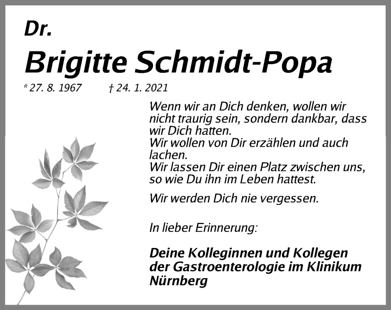  Traueranzeige für Brigitte Schmidt-Popa vom 30.01.2021 aus Gesamtausgabe Nürnberger Nachrichten/ Nürnberger Ztg.
