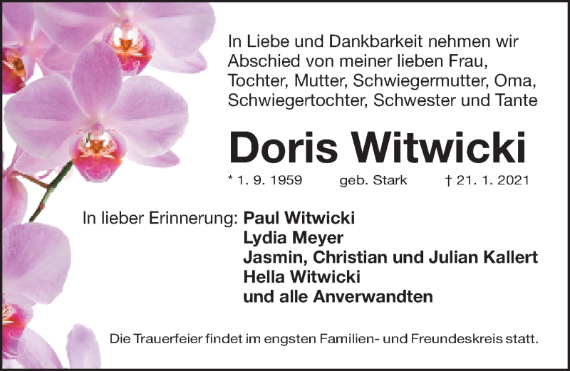  Traueranzeige für Doris Witwicki vom 27.01.2021 aus Fürther Nachrichten Lokal
