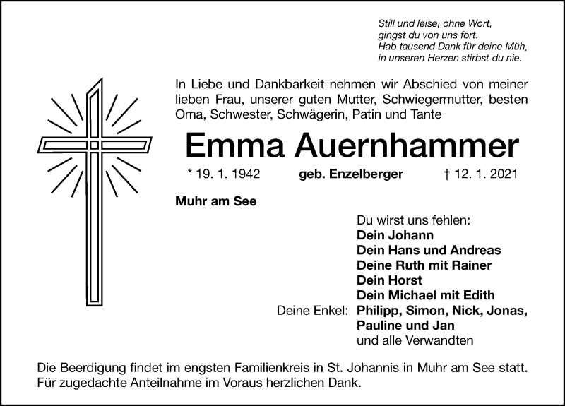 Traueranzeige für Emma Auernhammer vom 14.01.2021 aus Altmühl-Bote Lokal