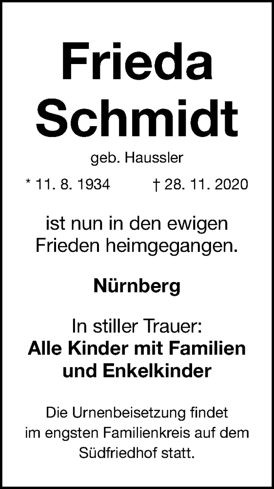  Traueranzeige für Frieda Schmidt vom 27.01.2021 aus Gesamtausgabe Nürnberger Nachrichten/ Nürnberger Ztg.