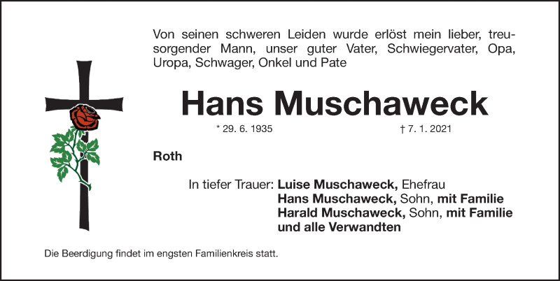  Traueranzeige für Hans Muschaweck vom 11.01.2021 aus Roth-Hilpoltsteiner Volkszeitung Lokal