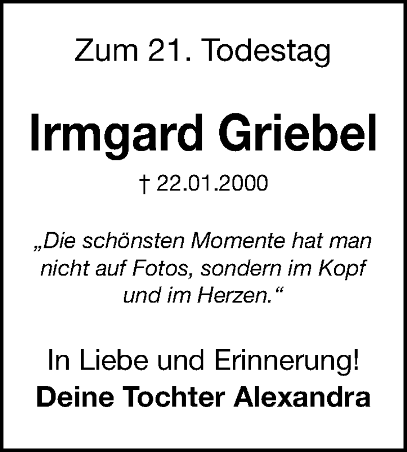  Traueranzeige für Irmgard Griebel vom 22.01.2021 aus Erlanger Nachrichten Lokal