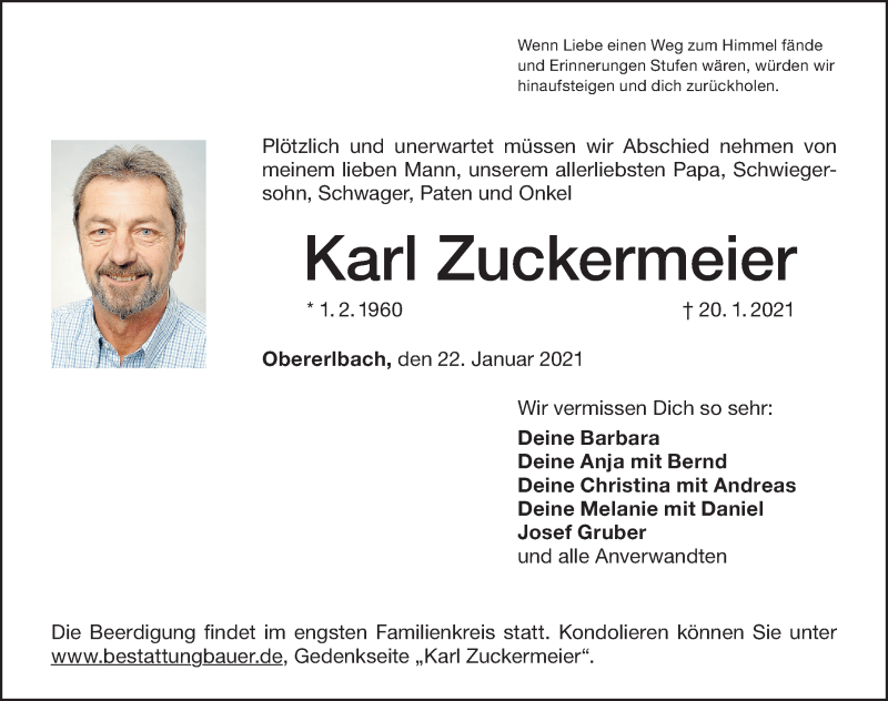  Traueranzeige für Karl Zuckermeier vom 22.01.2021 aus Altmühl-Bote Lokal