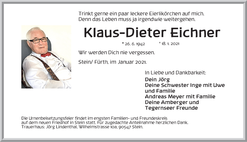  Traueranzeige für Klaus-Dieter Eichner vom 27.01.2021 aus Gesamtausgabe Nürnberger Nachrichten/ Nürnberger Ztg./ Fürther Nachrichten