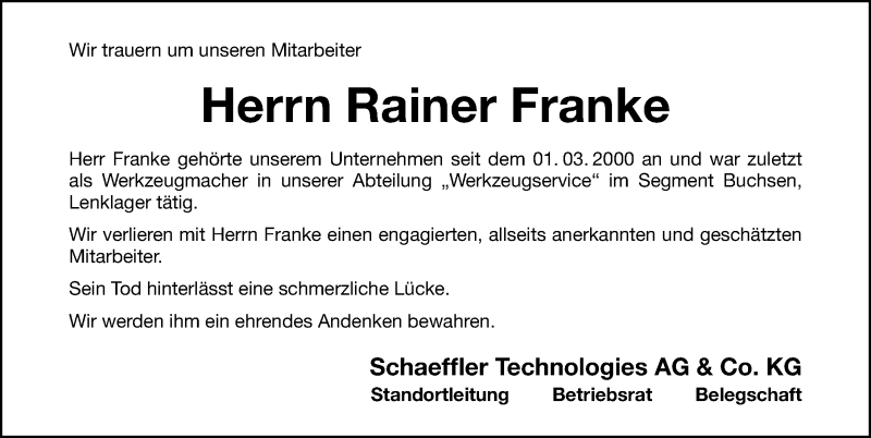  Traueranzeige für Rainer Franke vom 14.01.2021 aus Nordbayerische Nachrichten Herzogenaurach Lokal