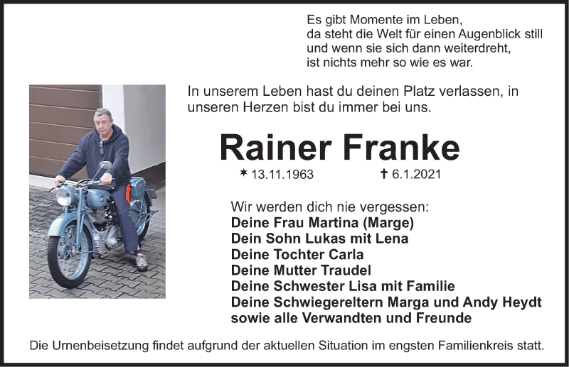  Traueranzeige für Rainer Franke vom 13.01.2021 aus Nordbayerische Nachrichten Herzogenaurach Lokal