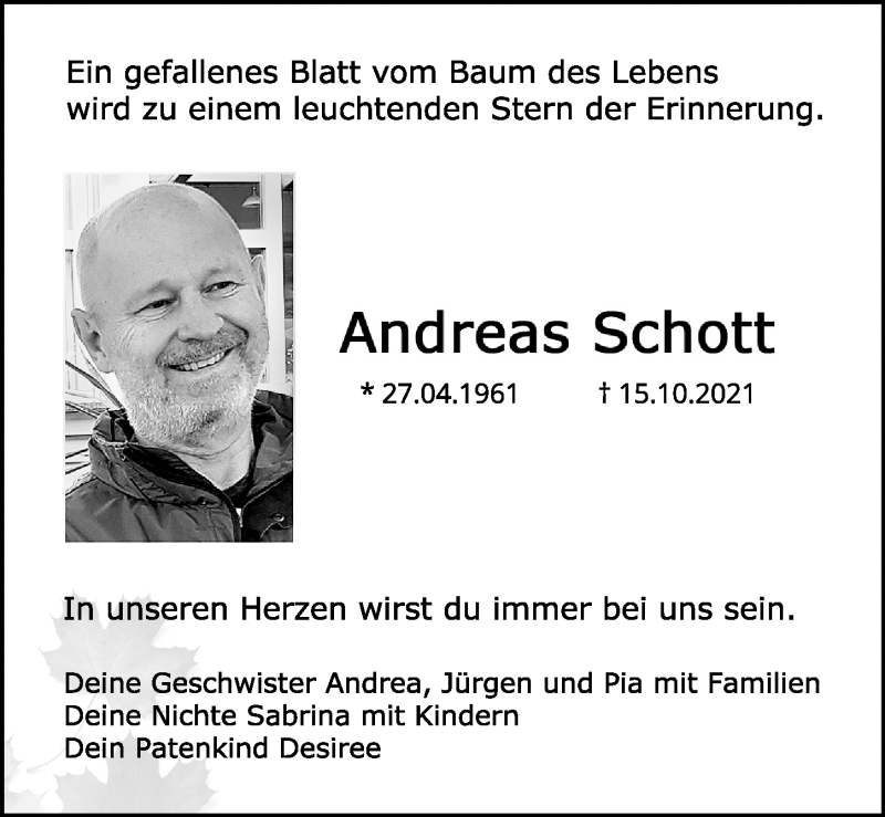  Traueranzeige für Andreas Schott vom 23.10.2021 aus Gesamtausgabe Nürnberger Nachrichten/ Nürnberger Ztg.