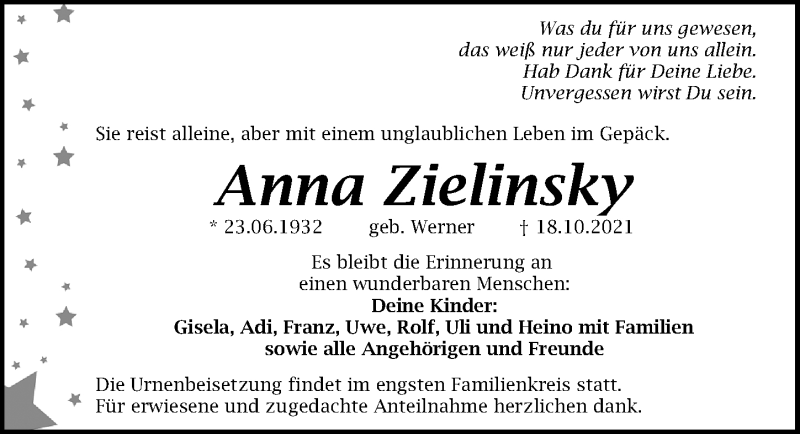  Traueranzeige für Anna Zielinsky vom 23.10.2021 aus Gesamtausgabe Nürnberger Nachrichten/ Nürnberger Ztg.
