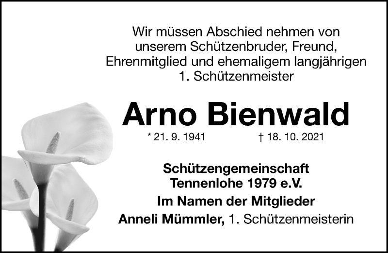  Traueranzeige für Arno Bienwald vom 23.10.2021 aus Erlanger Nachrichten Lokal