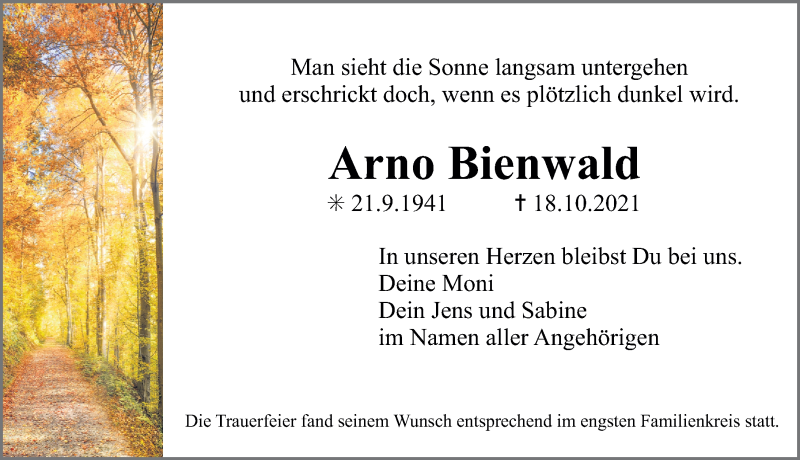  Traueranzeige für Arno Bienwald vom 23.10.2021 aus Erlanger Nachrichten Lokal