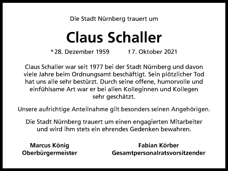  Traueranzeige für Claus Schaller vom 12.10.2021 aus Gesamtausgabe Nürnberger Nachrichten/ Nürnberger Ztg.