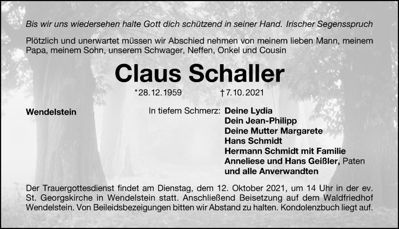  Traueranzeige für Claus Schaller vom 09.10.2021 aus Schwabacher Tagblatt Lokal