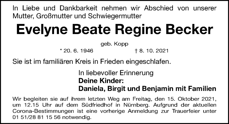  Traueranzeige für Evelyne Beate Regine Becker vom 12.10.2021 aus Gesamtausgabe Nürnberger Nachrichten/ Nürnberger Ztg.