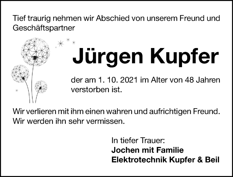  Traueranzeige für Jürgen Kupfer vom 06.10.2021 aus Roth-Hilpoltsteiner Volkszeitung Lokal