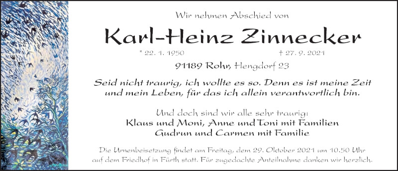  Traueranzeige für Karl-Heinz Zinnecker vom 16.10.2021 aus Gesamtausgabe Nürnberger Nachrichten/ Nürnberger Ztg.
