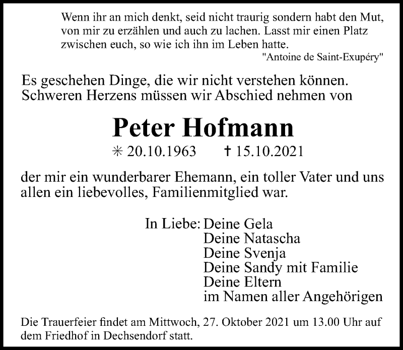  Traueranzeige für Peter Hofmann vom 23.10.2021 aus Erlanger Nachrichten Lokal