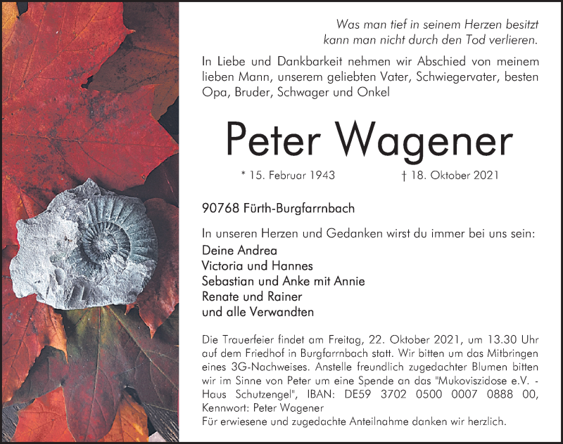  Traueranzeige für Peter Wagener vom 20.10.2021 aus Fürther Nachrichten Lokal