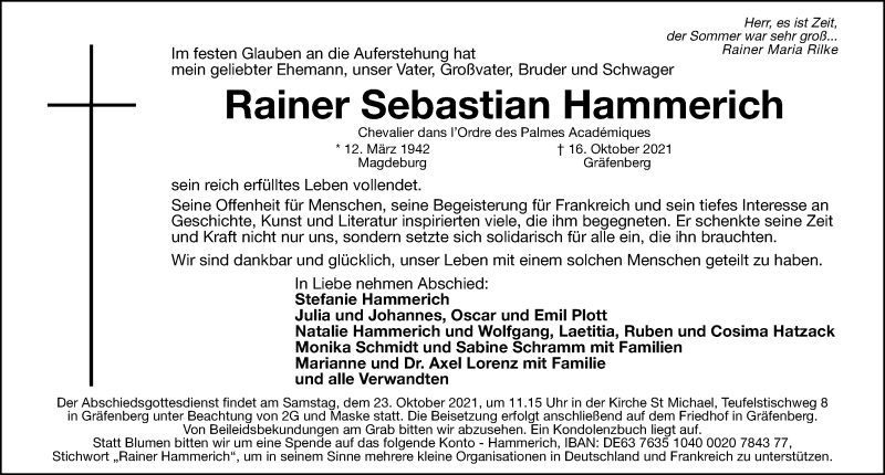  Traueranzeige für Rainer Sebastian Hammerich vom 20.10.2021 aus Nordbayerische Nachrichten Forchheim Lokal