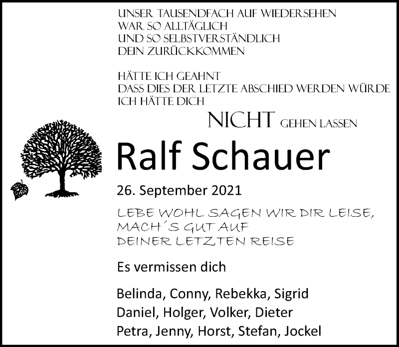  Traueranzeige für Ralf Schauer vom 23.10.2021 aus Erlanger Nachrichten Lokal
