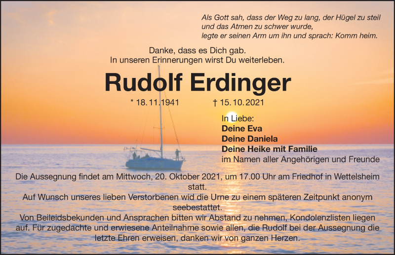  Traueranzeige für Rudolf Erdinger vom 19.10.2021 aus Weißenburger Tagblatt u.Treuchtlinger Kurier Lokal