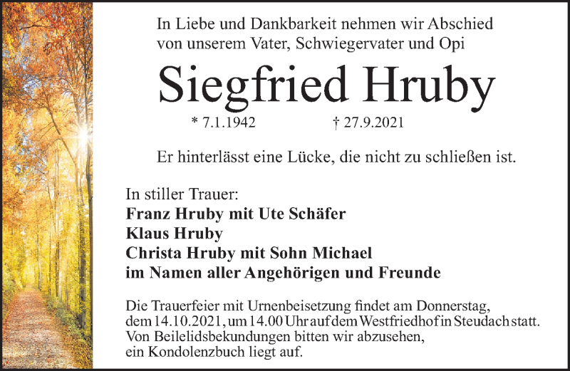  Traueranzeige für Siegfried Hruby vom 12.10.2021 aus Erlanger Nachrichten Lokal