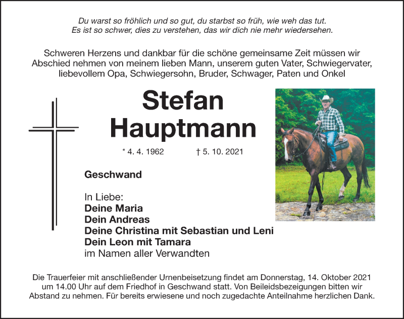  Traueranzeige für Stefan Hauptmann vom 09.10.2021 aus Nordbayerische Nachrichten Forchheim Lokal