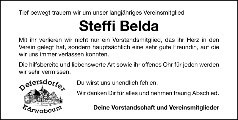  Traueranzeige für Steffi Belda vom 12.10.2021 aus Fürther Nachrichten Lokal