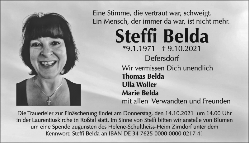  Traueranzeige für Steffi Belda vom 12.10.2021 aus Gesamtausgabe Nürnberger Nachrichten/ Nürnberger Ztg.