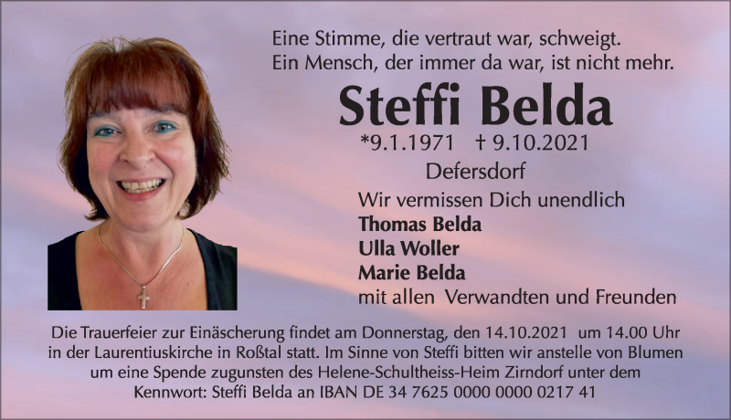  Traueranzeige für Steffi Belda vom 12.10.2021 aus Fürther Nachrichten Lokal