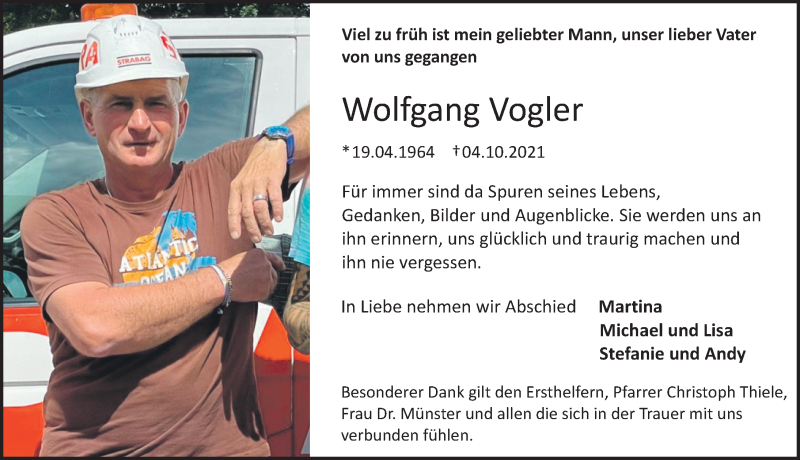  Traueranzeige für Wolfgang Vogler vom 23.10.2021 aus Erlanger Nachrichten Lokal