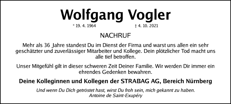  Traueranzeige für Wolfgang Vogler vom 09.10.2021 aus Erlanger Nachrichten/ Nordbayer. Nachrichten Forchheim
